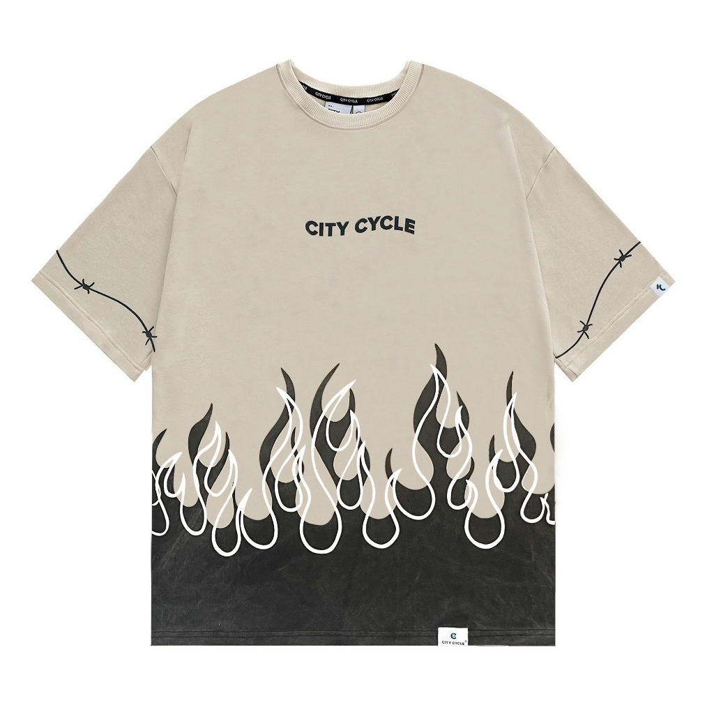 Áo thun local brand Black Fires City Cycle in lửa oversize nam nữ form rộng