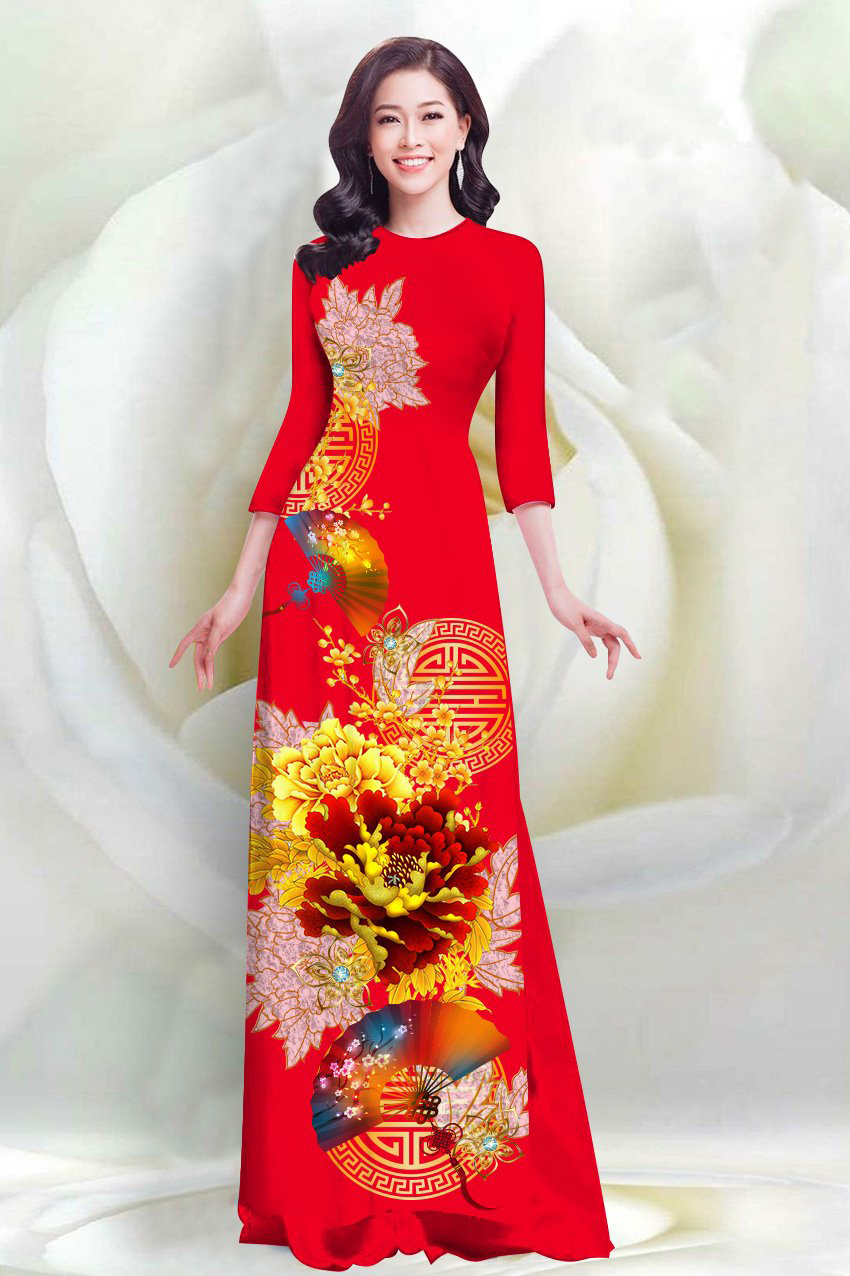 SÉT ÁO DÀI LỤA TRUYỀN THỐNG IN HOA & QUẠT