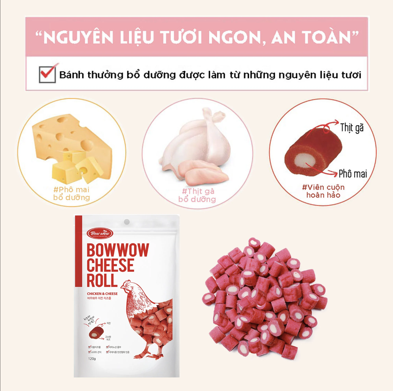 Viên thịt gà cuộn phô mai BowWow cho chó 120g