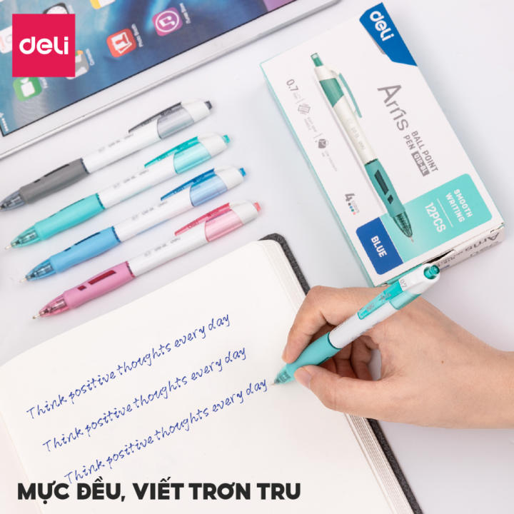 Combo 10/20 Bút gel bút bi nước mực xanh ngòi 0.7mm Deli - Bút bi bấm mực gel ngòi cải tiến viết êm nhanh khô cho văn phòng học sinh - Hình ảnh 7