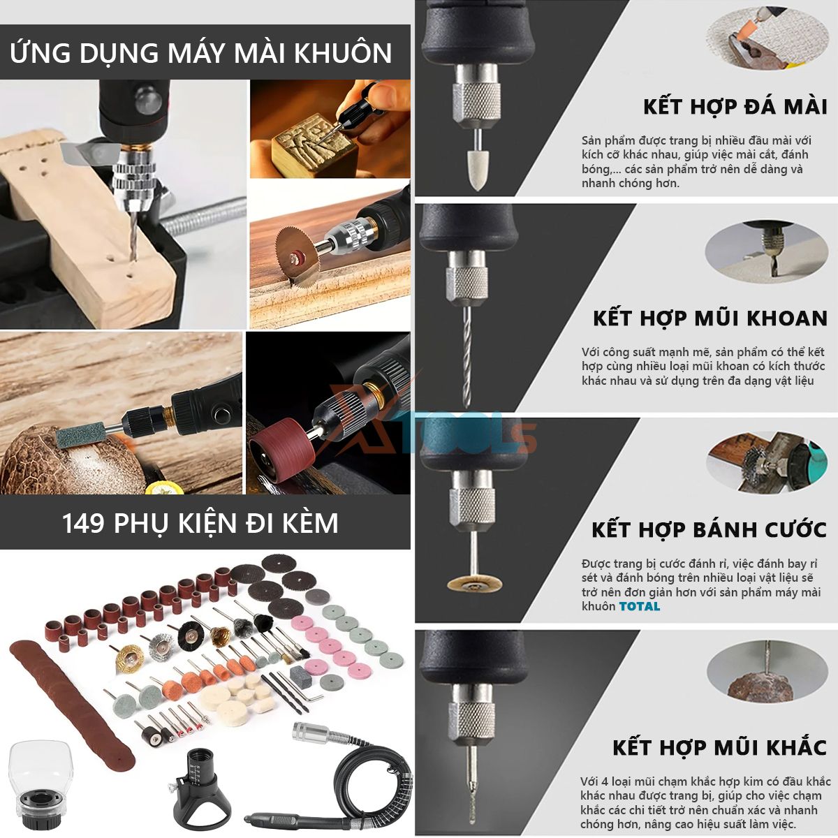 Máy mài khuôn cầm tay mini TOTAL 130-200W có chỉnh tốc. Bộ máy mài, khắc, khoan mini 2.3/3.2mm kèm 109-150 phụ kiện và dây nối XTOOLs