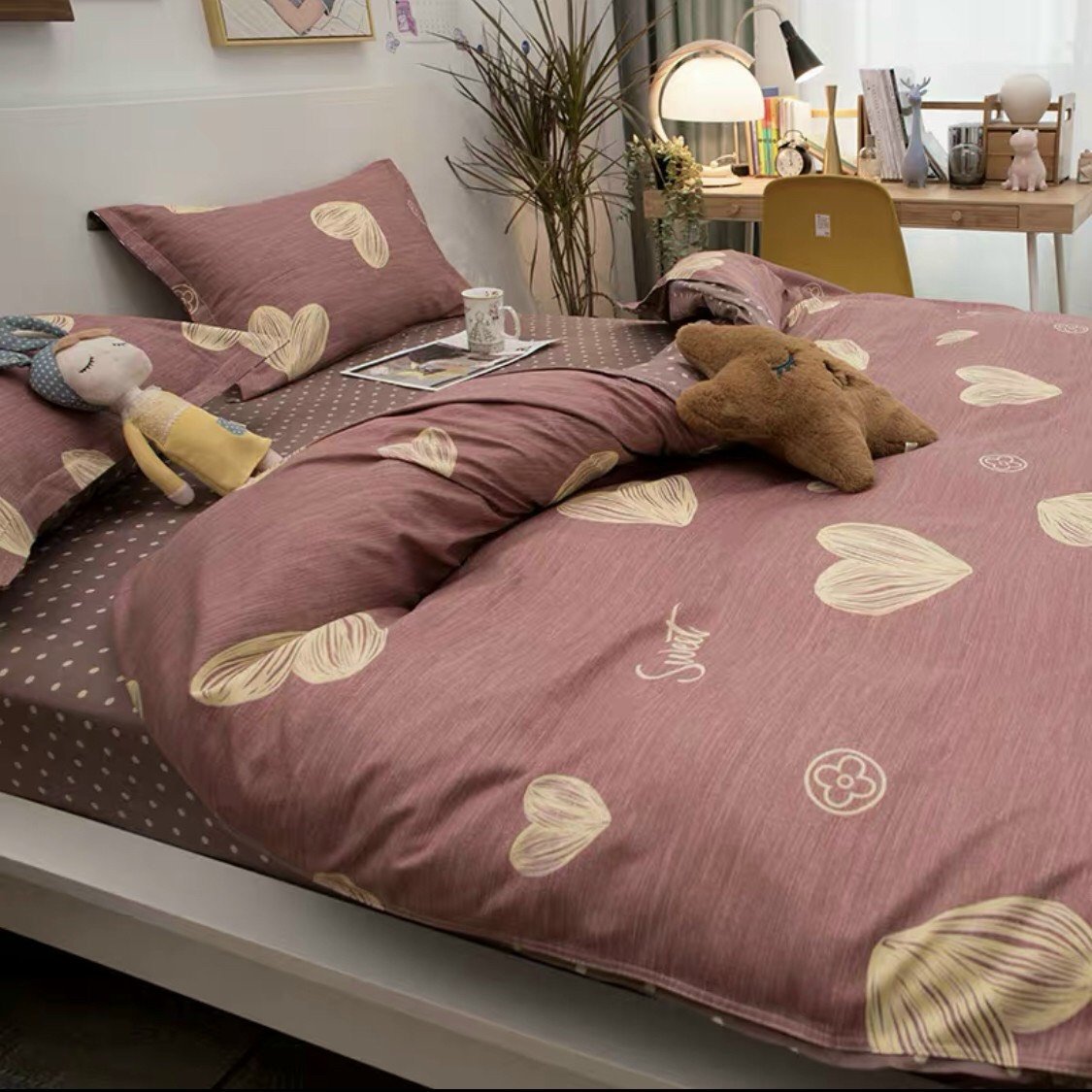 Bộ chăn ga gối cotton poly M2T Bedding trái tim tình yêu - vỏ chăn, ga giường và 2 vỏ gối - miễn phí bo chun drap đủ size 1m, 1m2, 1m4, 1m6, 1m8, 2m, 2m2