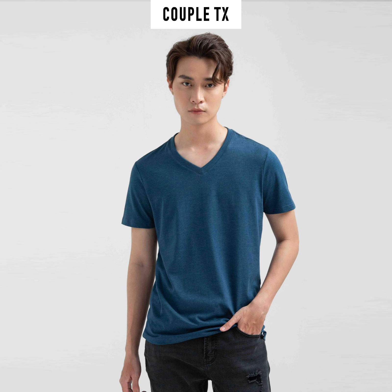 [15.1 - 17.1 Voucher lên đến 200K]  Áo Thun Nam COUPLE TX - Áo Thun Cotton Trơn Basic Nam Cổ Tim, Form Fit