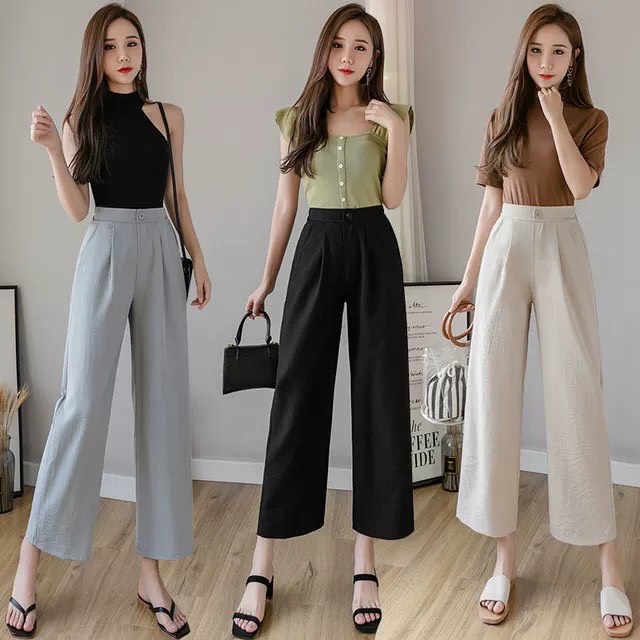 Quần ống rộng nữ lưng cao đũi xước hàn