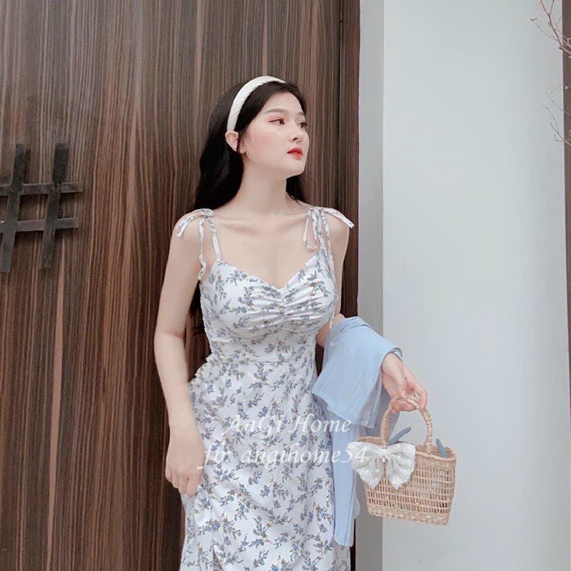 Set đầm hai dây hoa nhí mùa hè kèm áo khoác croptop màu xanh điệu đà, set Hàn Quốc nữ tính vải hoa