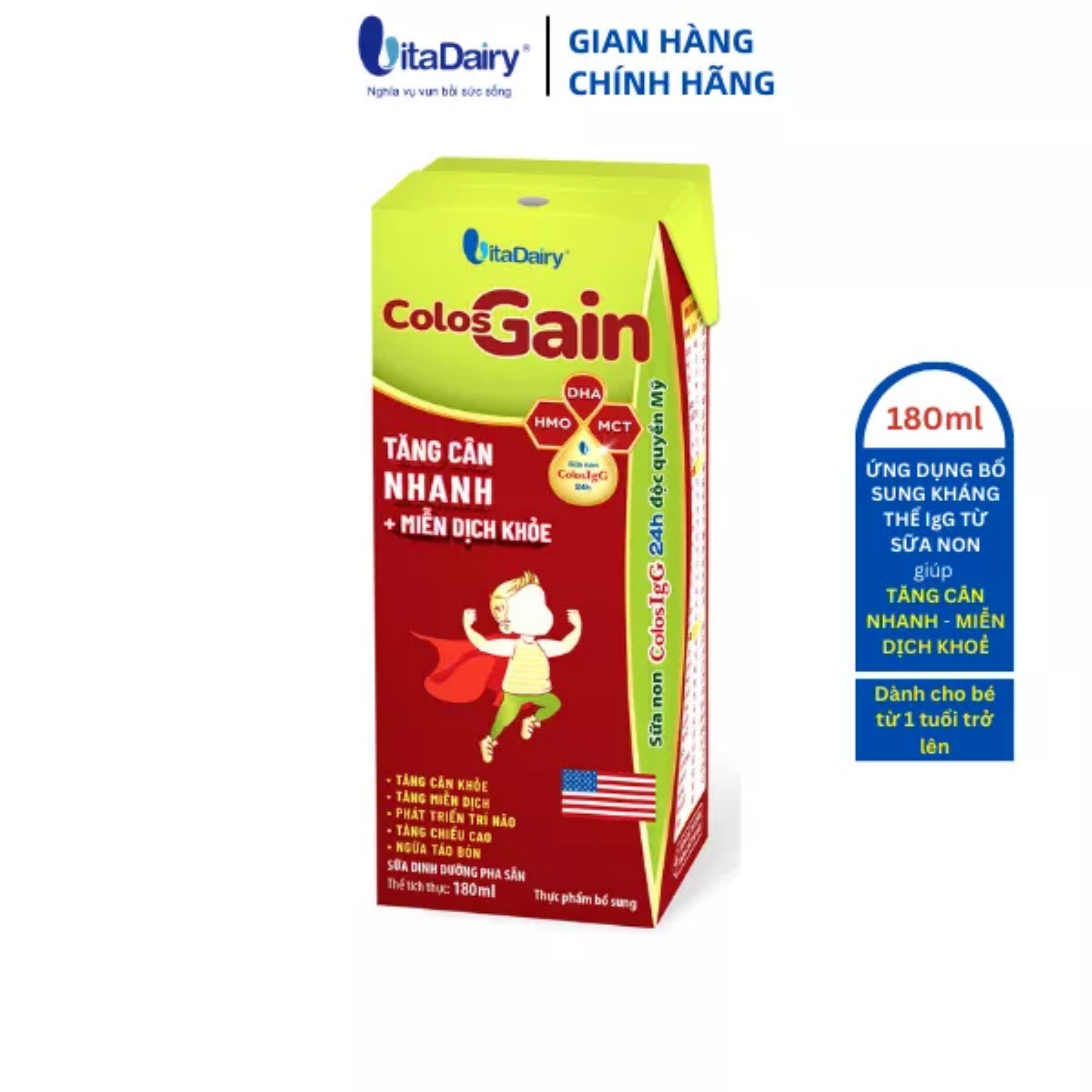 (HSD T12-2026) Thùng 24/ 48 Hộp Sữa Bột Pha Sẵn Vitadairy Colos Gain 180ml.