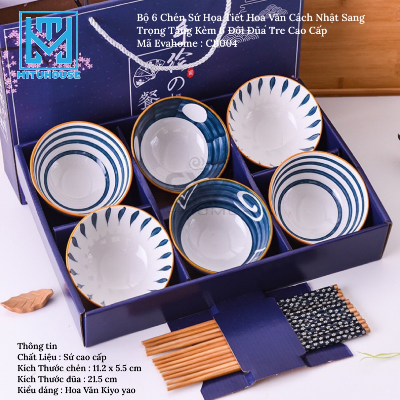 Bộ 6 chén sứ hoạ tiết hoa văn phong cách nhật sang trọng tặng kèm 6 đũa hoá cao cấp