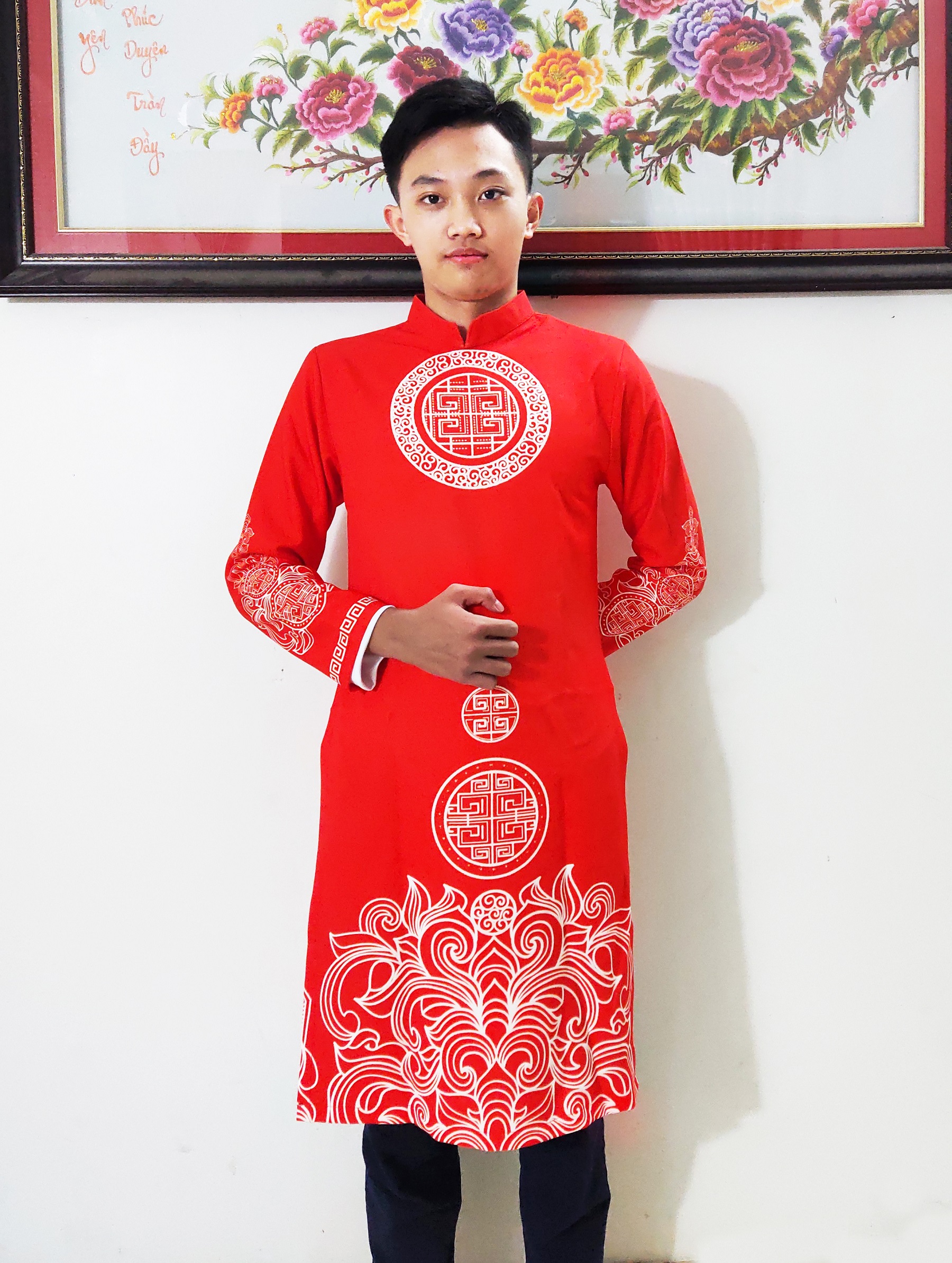 [ GIÁ GỐC - 7 NGÀY ĐỔI TRẢ] ÁO DÀI NAM CÁCH TÂN ĐỎ IN HỌA TIẾT TRUYỀN THỐNG DÂN TỘC