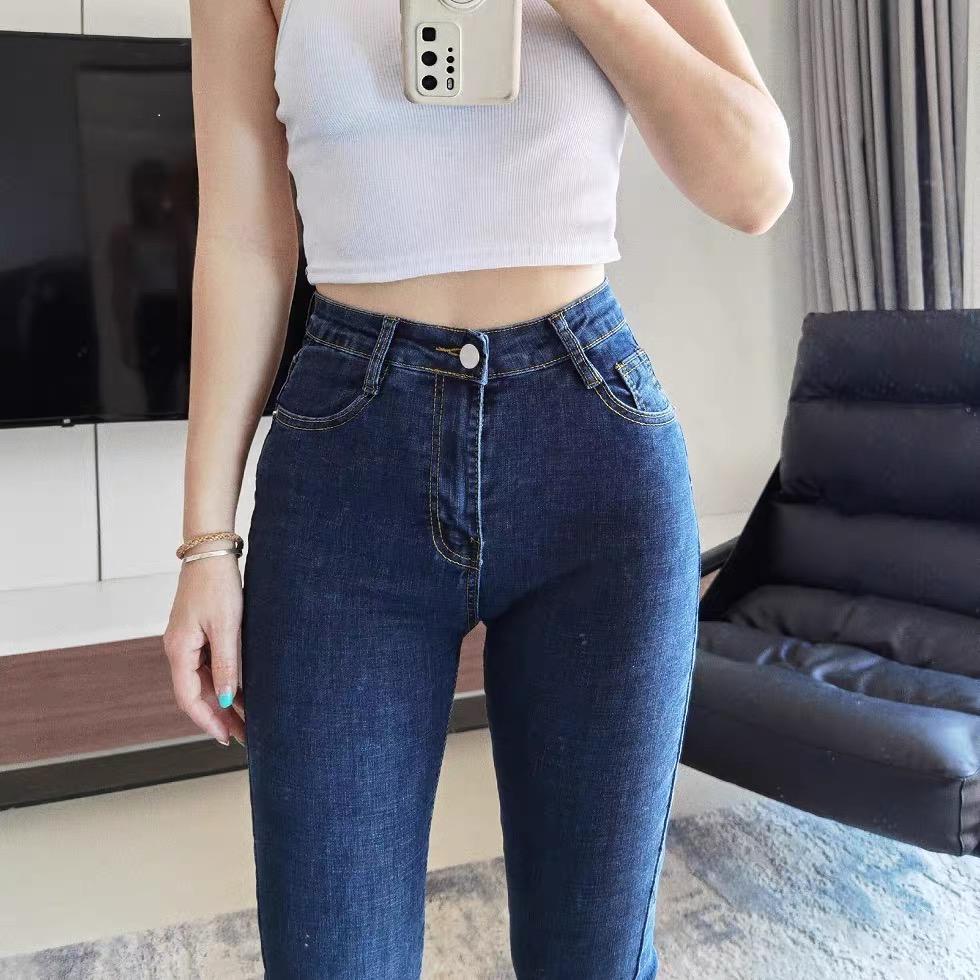 Quần jean nữ lưng cao màu xanh trơn chất jean co giãn cao cấp thời trang DONG PHUONG