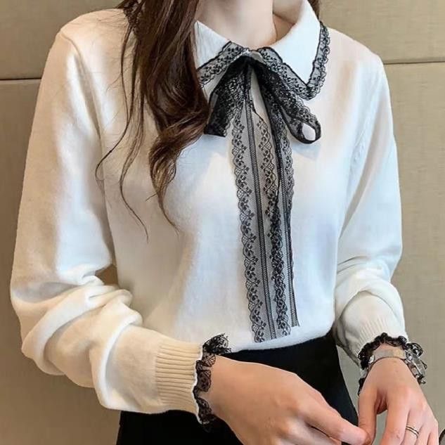 Áo len cổ sen viền ren nơ mềm mịn