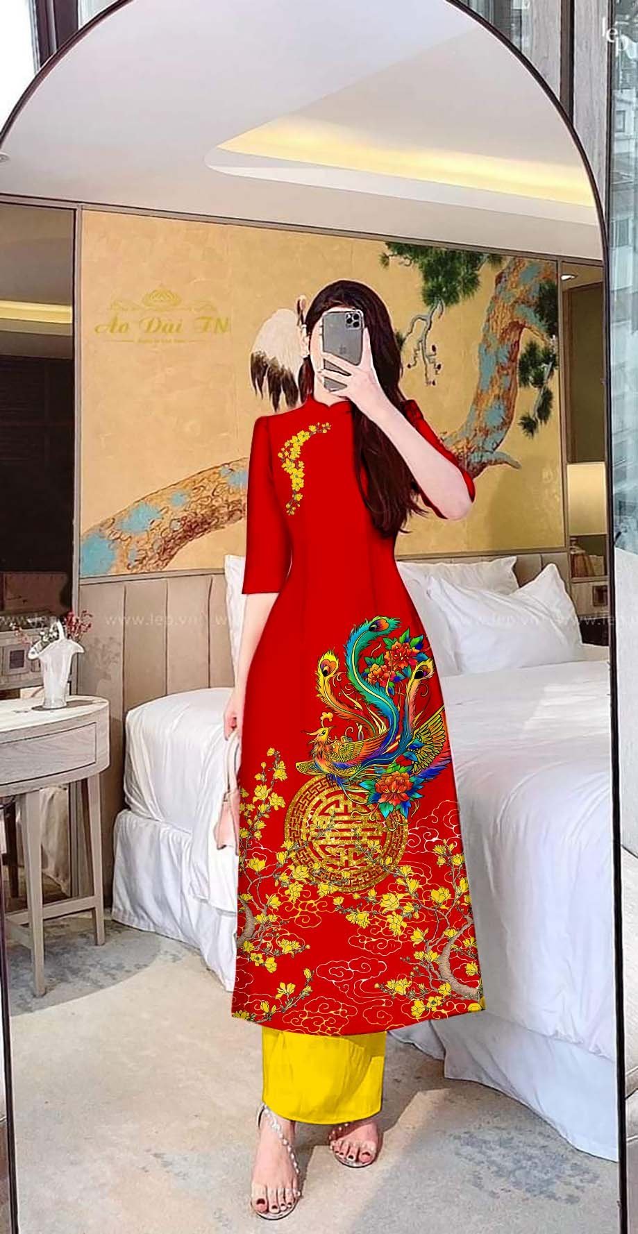 Áo dài cách tân kèm quần in họa tiết hoa mai , phụng vải lụa latinh cao cấp có BIGSIZE KÈM VIDEO