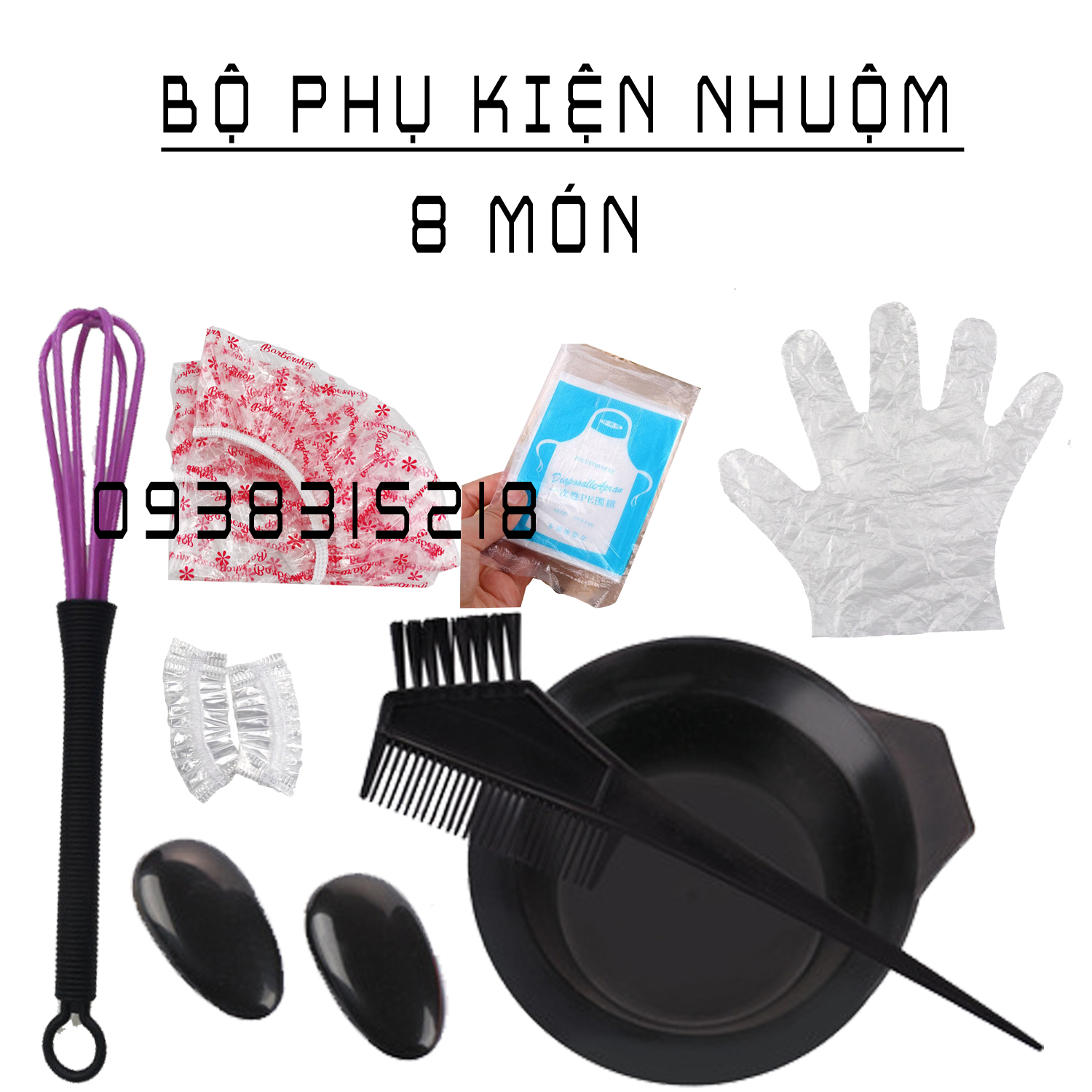 Combo 8 món phụ kiện nhuộm , bát nhuộm thường , cọ nhuộm, chụp tai nhựa , chụp tai nylong , đánh thuoc nhuộm , áo choàng mặc 1 lần , chụp nón nylong