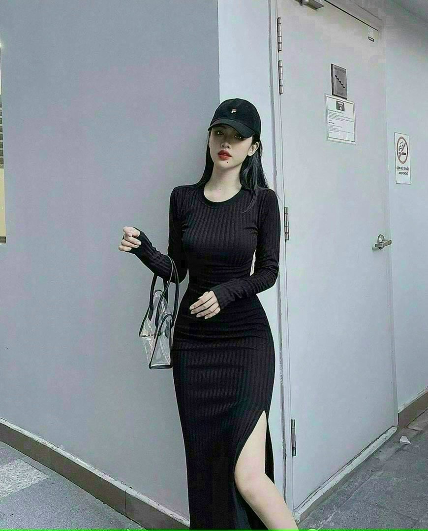Đầm thun gân cổ tròn tay dài rút dây sẻ tà, đầm thời trang nữ ôm body sexy