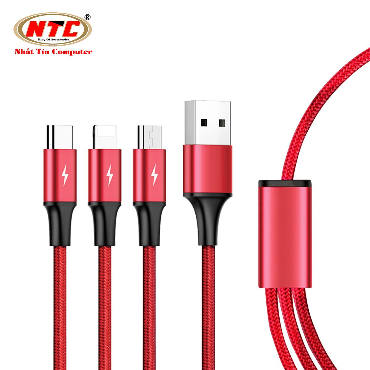 Cáp sạc 3 đầu microUSB/Lightning/Type-C Unitek C4049RD dài 1.2m - bọc dù chống đứt (Đỏ) - Nhất Tín Computer