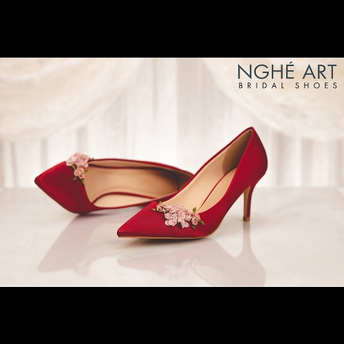Giày cưới Nghé Art lụa đỏ hoa hồng 309