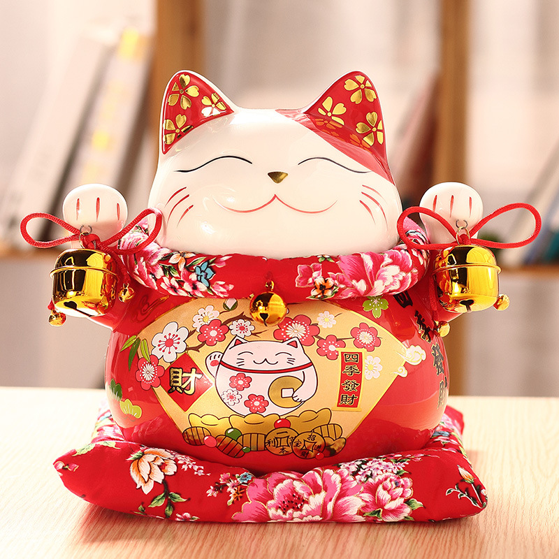 Mèo Thần Tài đỏ giơ 2 tay-Đa Phú Quý 18cm