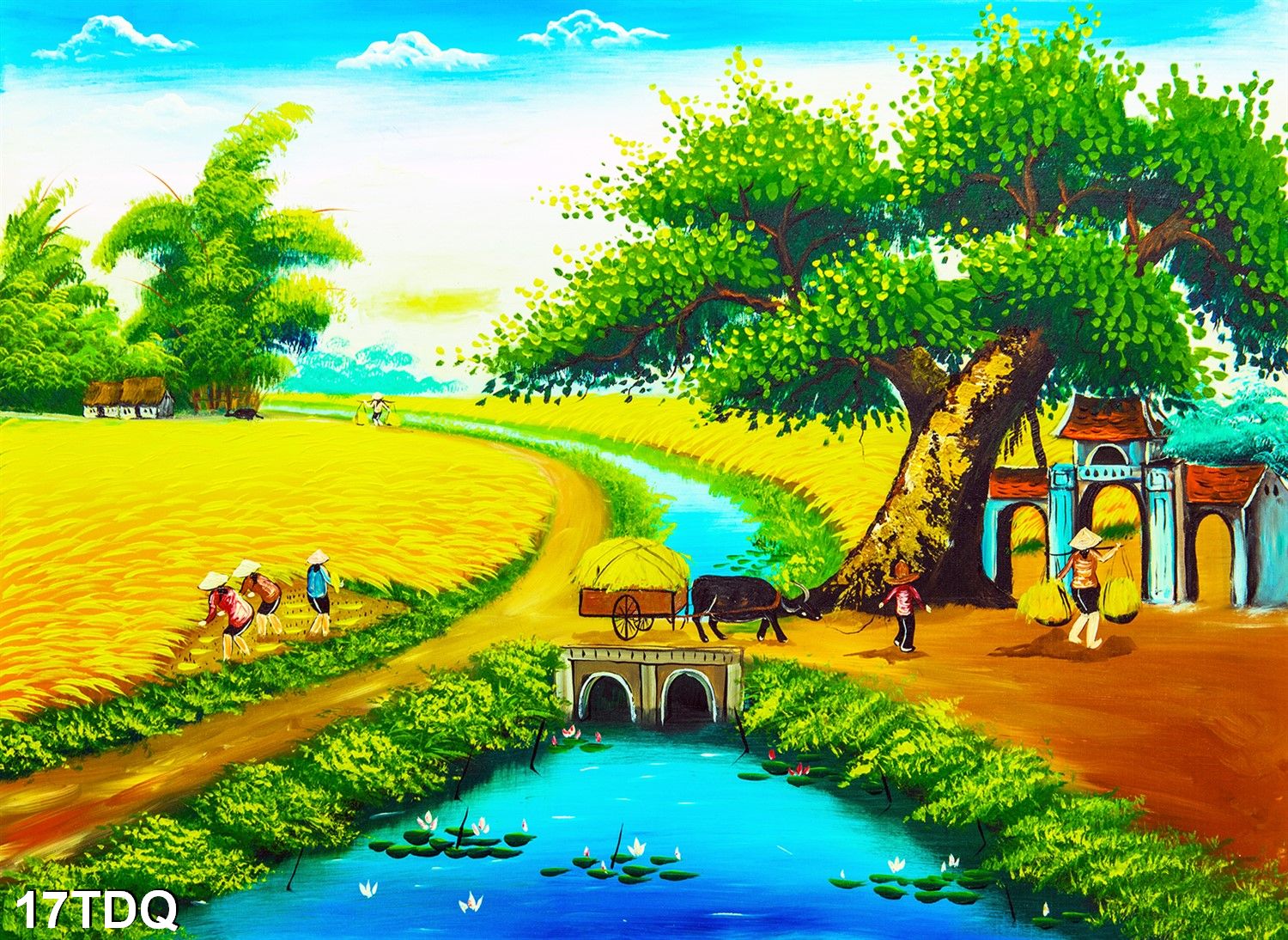 Tranh dán tường phong cảnh làng quê việt nam giả sơn dầu, tranh đồng quê , tranh quê hương, t