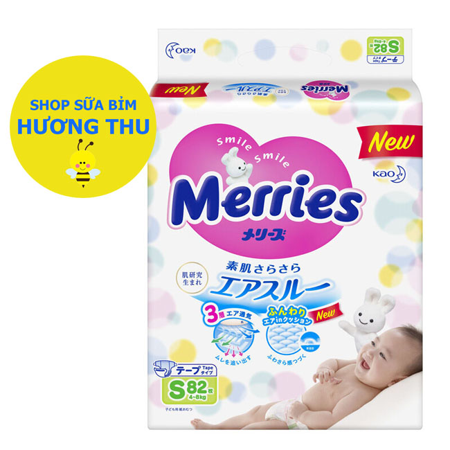 Tã/bỉm dán Merries size S 82 miếng (Cho bé 4-8 kg)