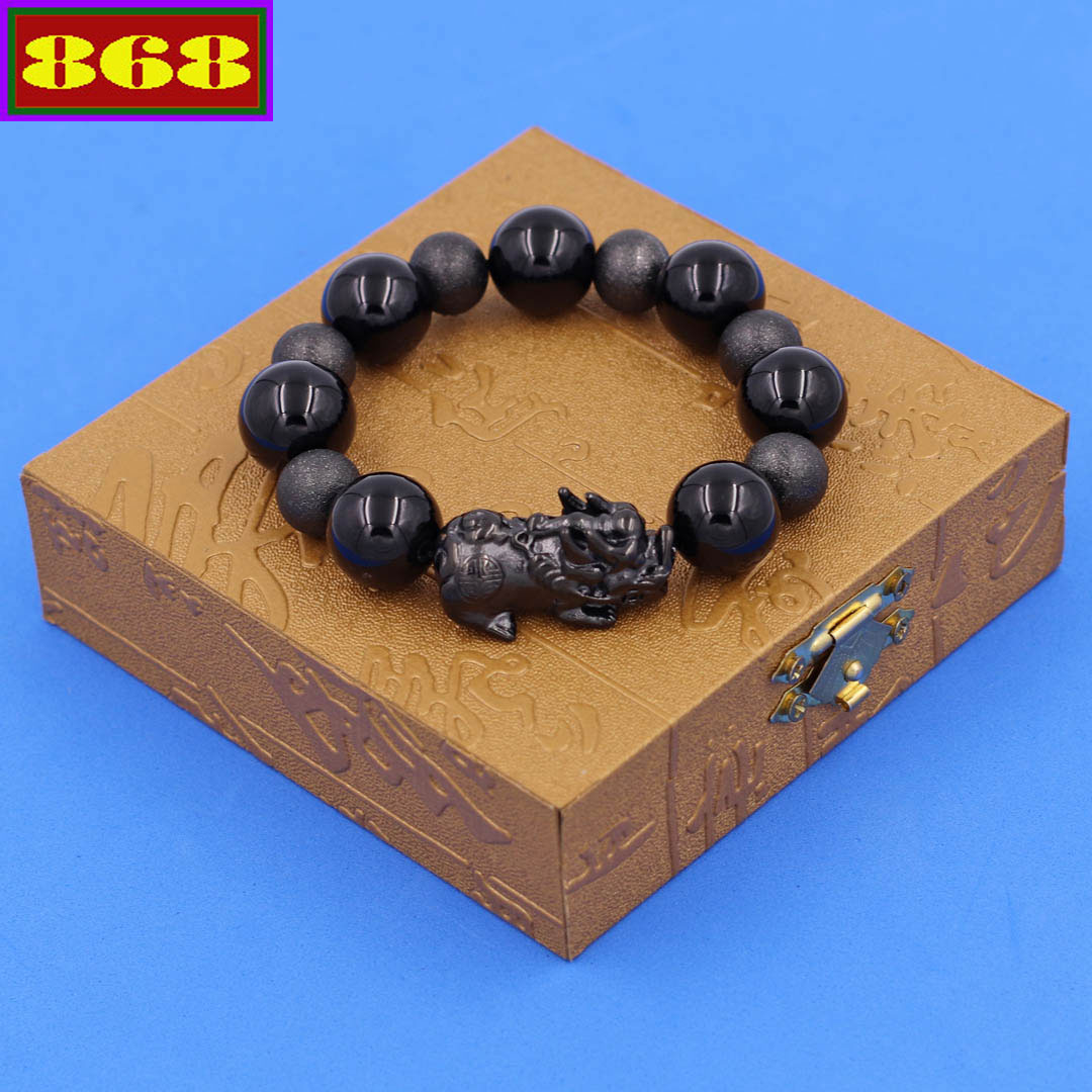 Vòng chuỗi thạch anh đen 16 ly tỳ hưu đen vctadsbethe16 hộp gỗ - chuỗi đá phong thủy