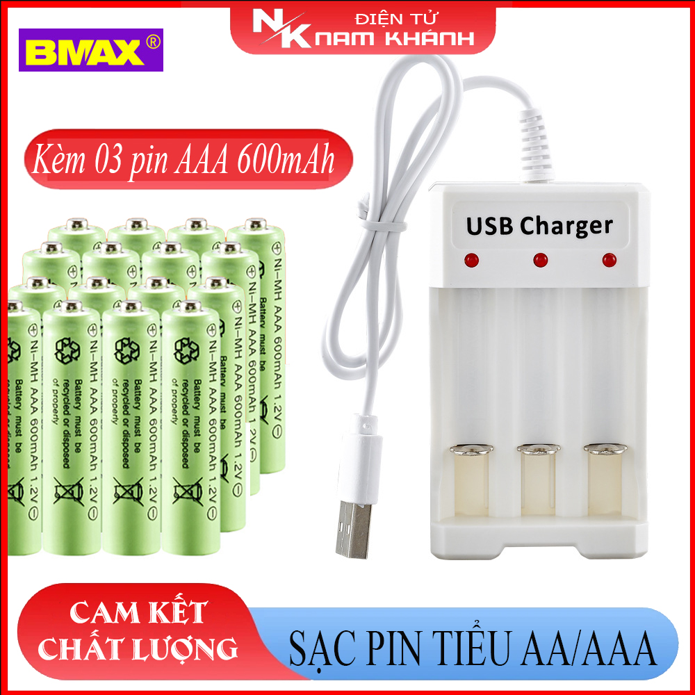 Combo sạc pin tiểu aa aaa 3 cổng usb bmax b-03 và 03 viên pin đũa aaa 600mah
