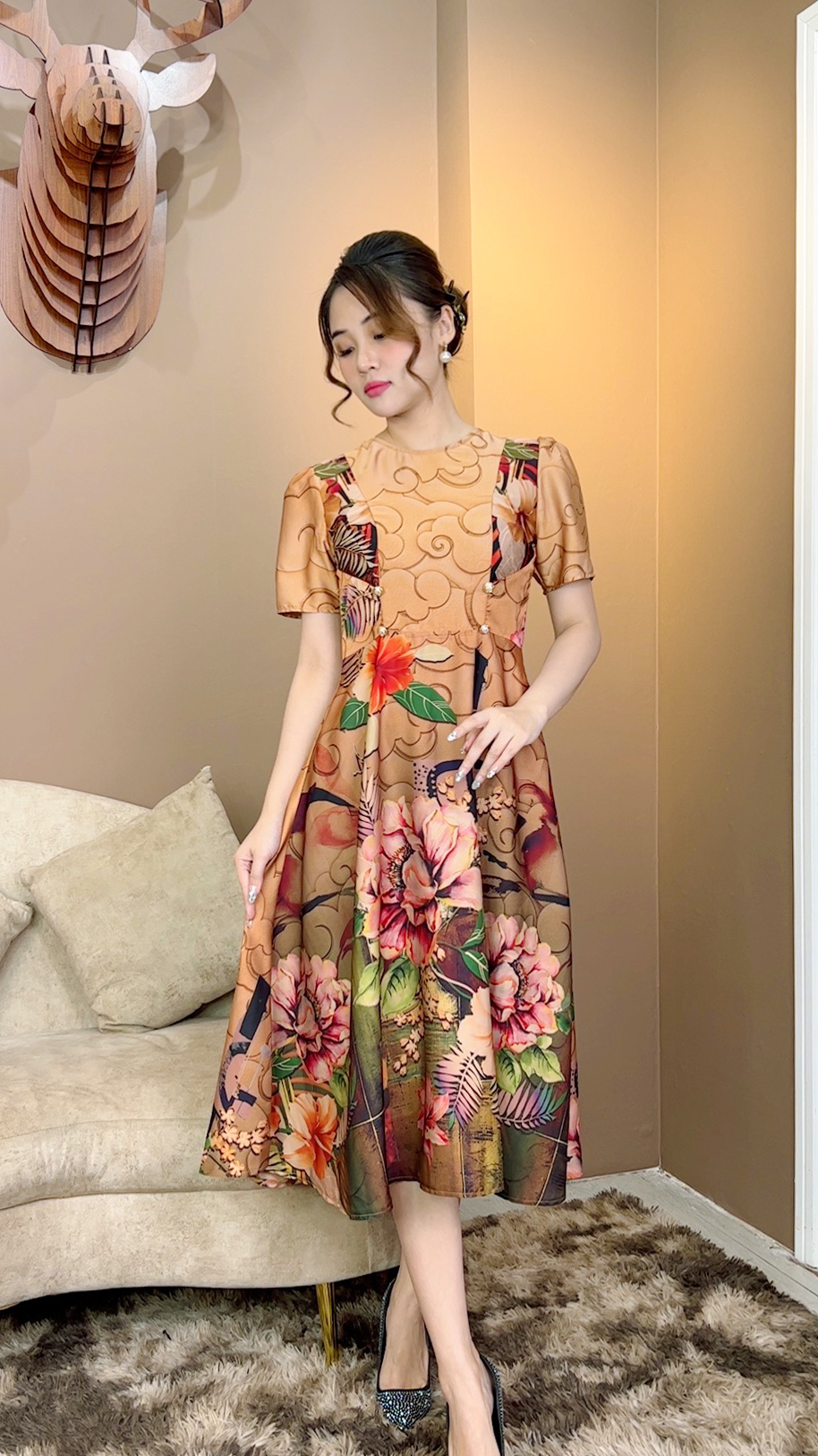 Đầm trung niên bigsize màu sắc trẻ trung tươi sáng họa tiết sang trọng đi làm đi tiệc cho bà