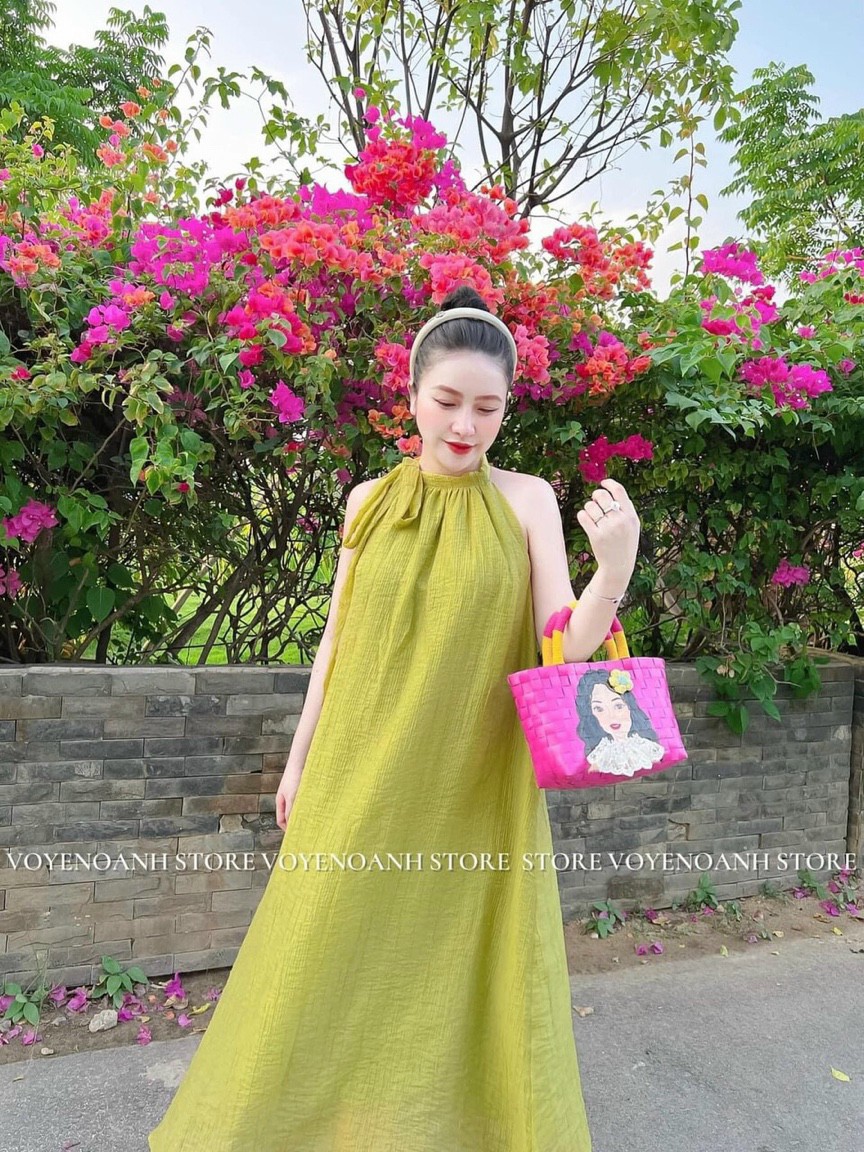 Đầm babydol cổ yếm thắt nơ dáng dài cực đáng yêu, Đầm thời trang siêu HOT dáng rộng babydol cổ yếm thắt nơ xinh xắn, Đầm bộ babydol dáng rộng cổ yếm thắt nơ dễ thương MTB