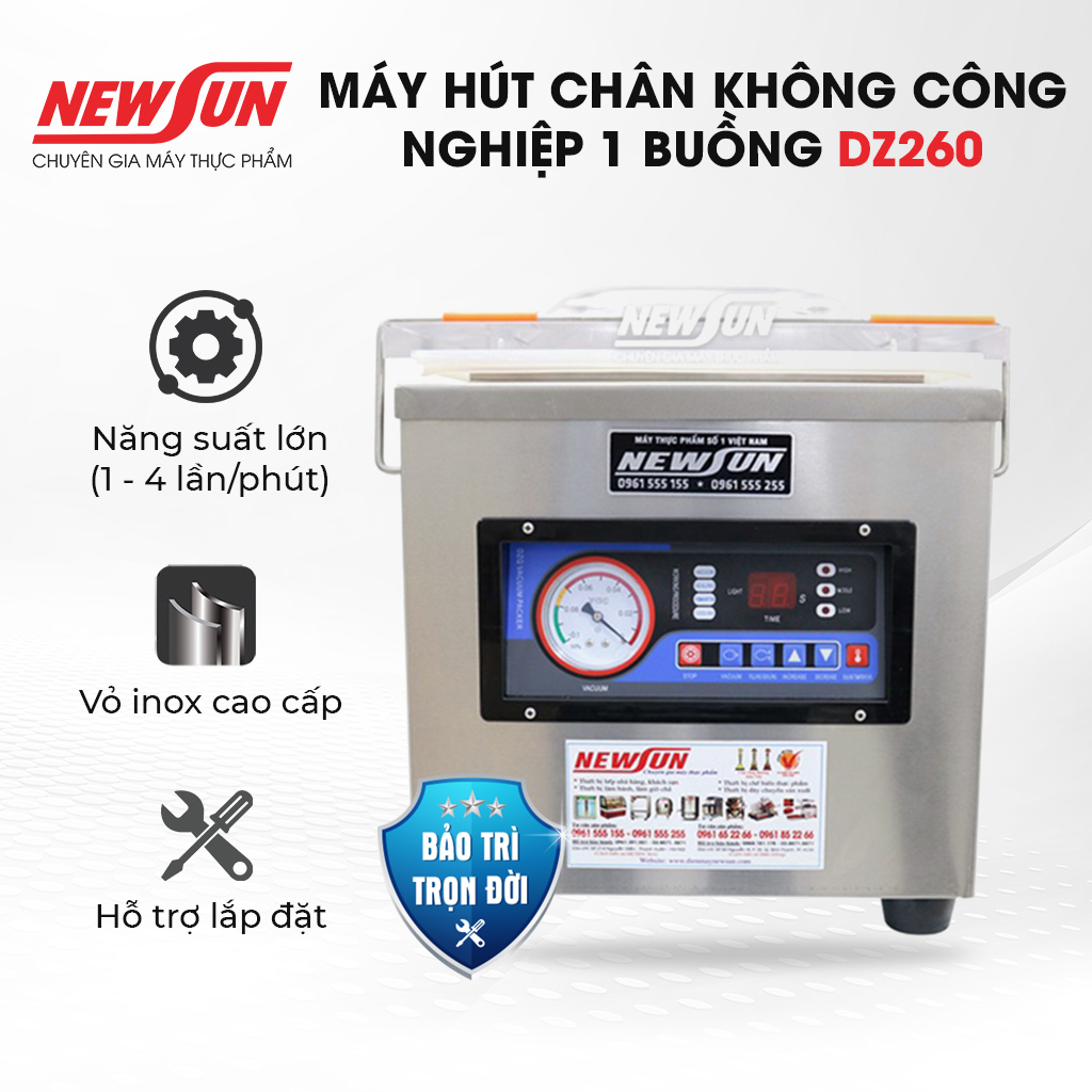 Máy Hút Chân Không, Đóng Gói Thực Phẩm Công Nghiệp 1 Buồng NEWSUN DZ260 -Hàng Chính Hãng - Sản Lượng 100-200 Túi/ Giờ