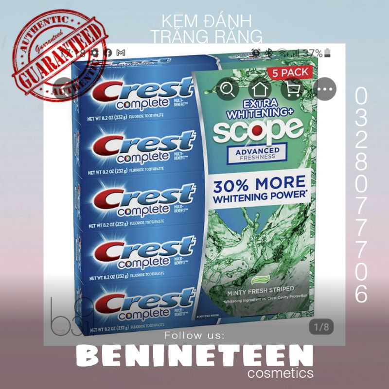 [MỚI] Kem Đánh Trắng Răng Crest Complete Extra Whitening Scope Advanced Freshness 232g