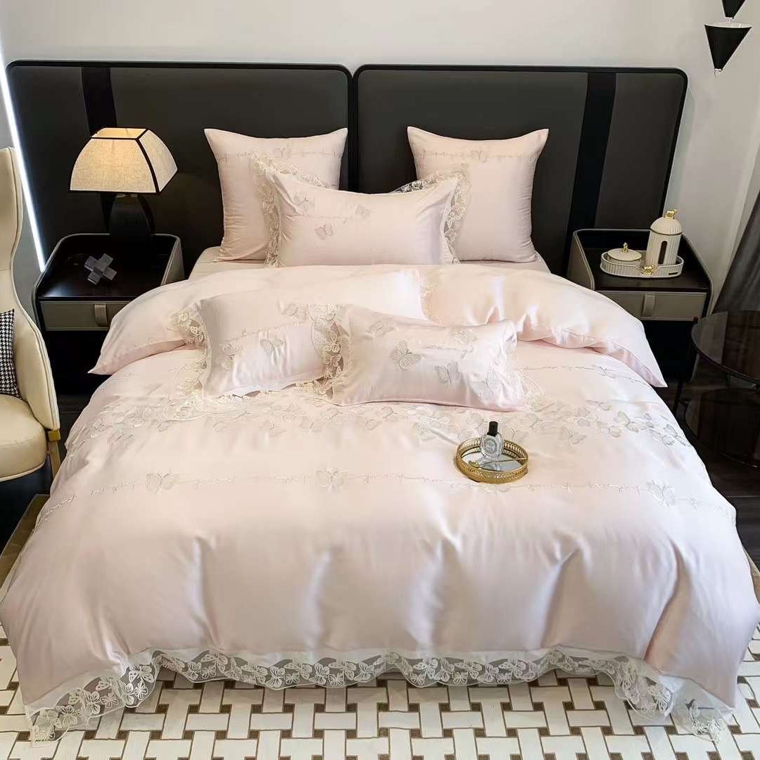 Bộ chăn ga tencel Hlhome bedding thêu cánh bướm cao cấp