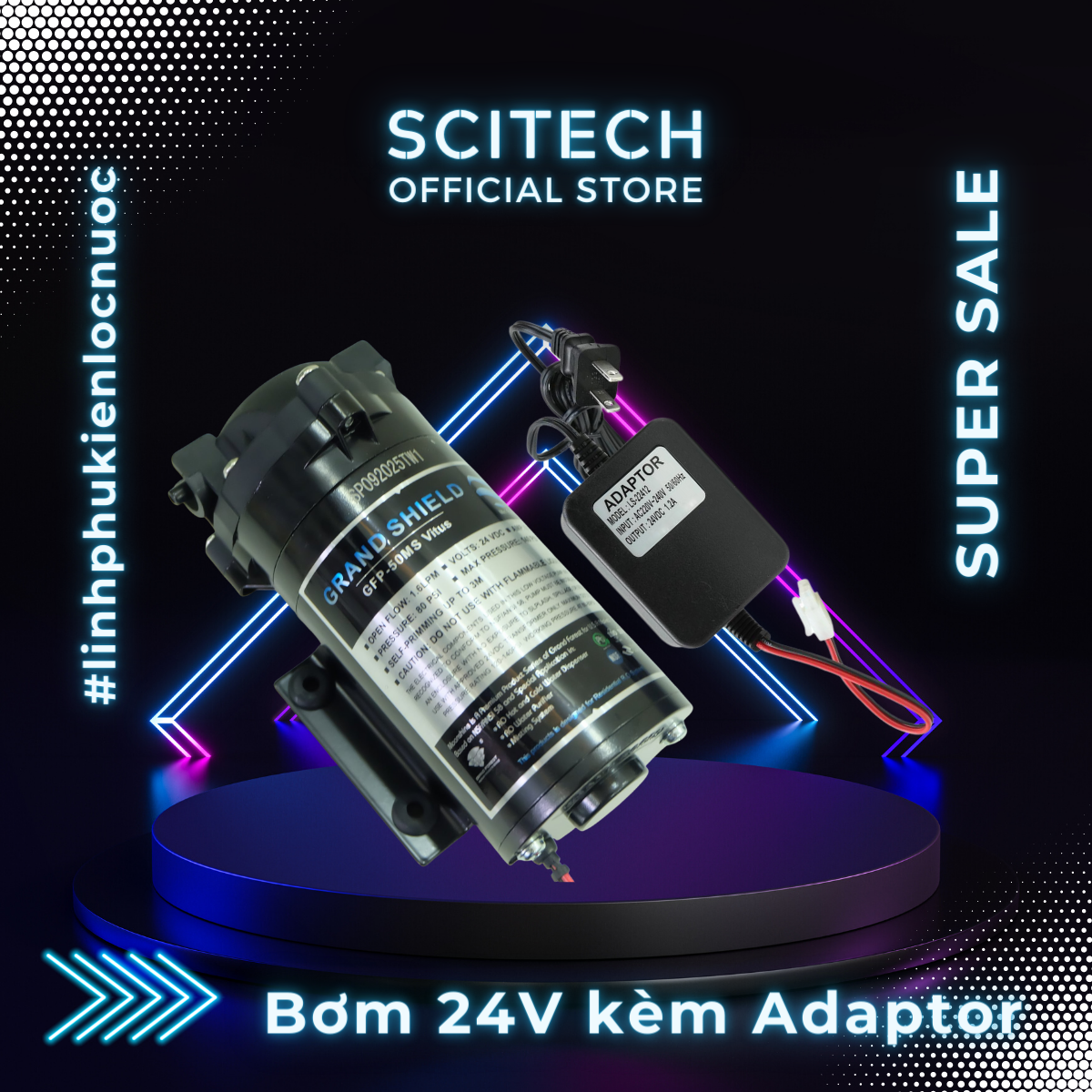 Bơm tăng áp máy lọc nước 24V (Tặng kèm co bơm) - Scitech Water