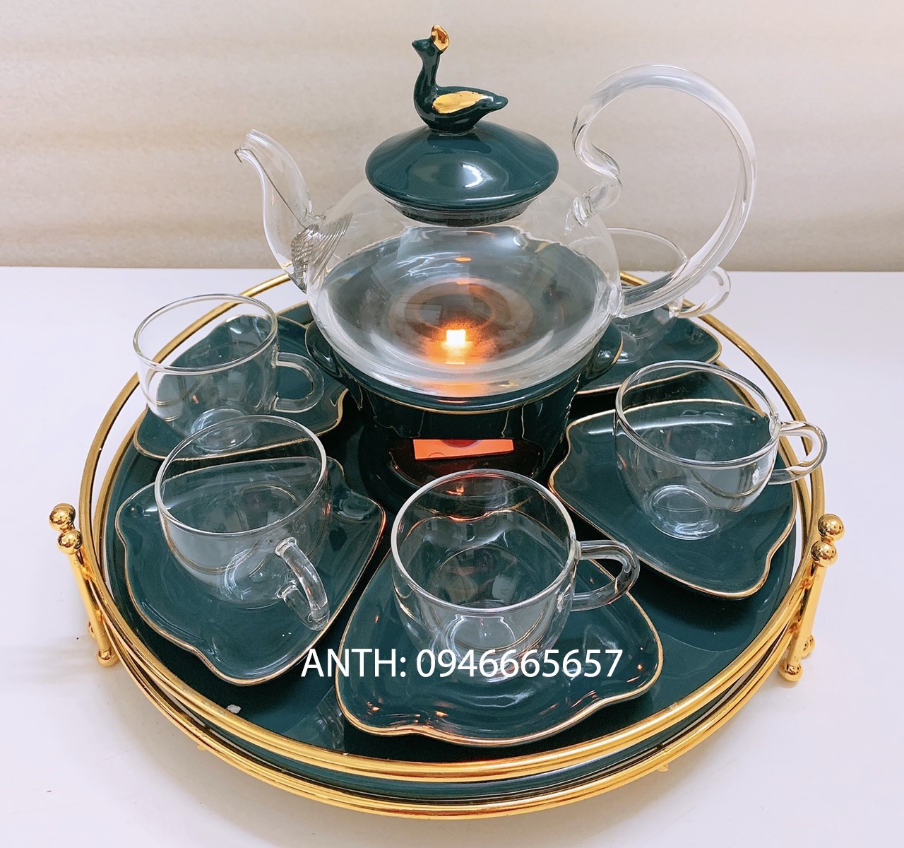 Bộ ấm chén thủy tinh xanh pha trà có đế châm nến