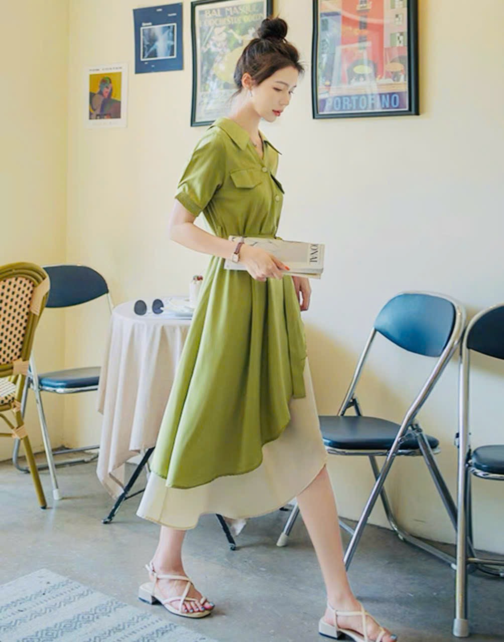 Đầm xanh bơ phối trắng