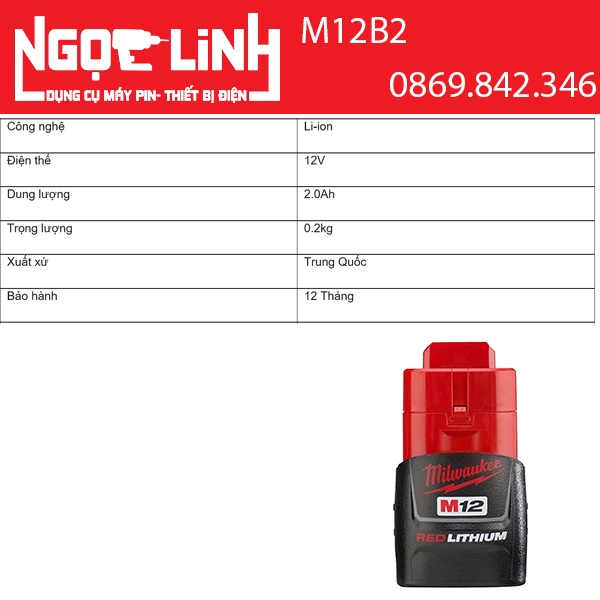 Pin Milwaukee 12V/2.0Ah REDLITHIUM-ION M12B2 (Pin Milwaukee 12V)