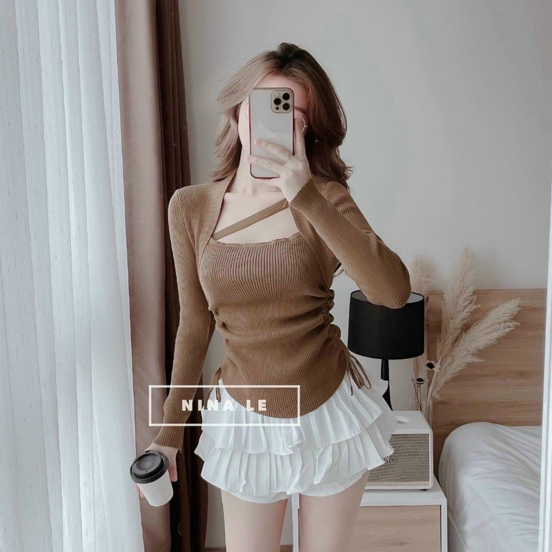 Áo kiểu nữ thun gân co giãn chéo cổ siêu hot.