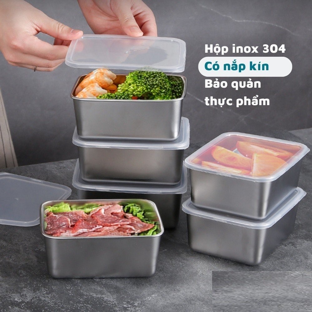 Hộp đựng thức ăn inox có nắp đậy kín bảo quản thực phẩm tươi ngon trong tủ lạnh nhỏ gọn, hộp đựng thức ăn, hộp đựng thực phẩm, hộp đựng rau củ, hộp nhựa, hộp để trong tủ lạnh, hộp chia thực phẩm, hộp inox, hộp