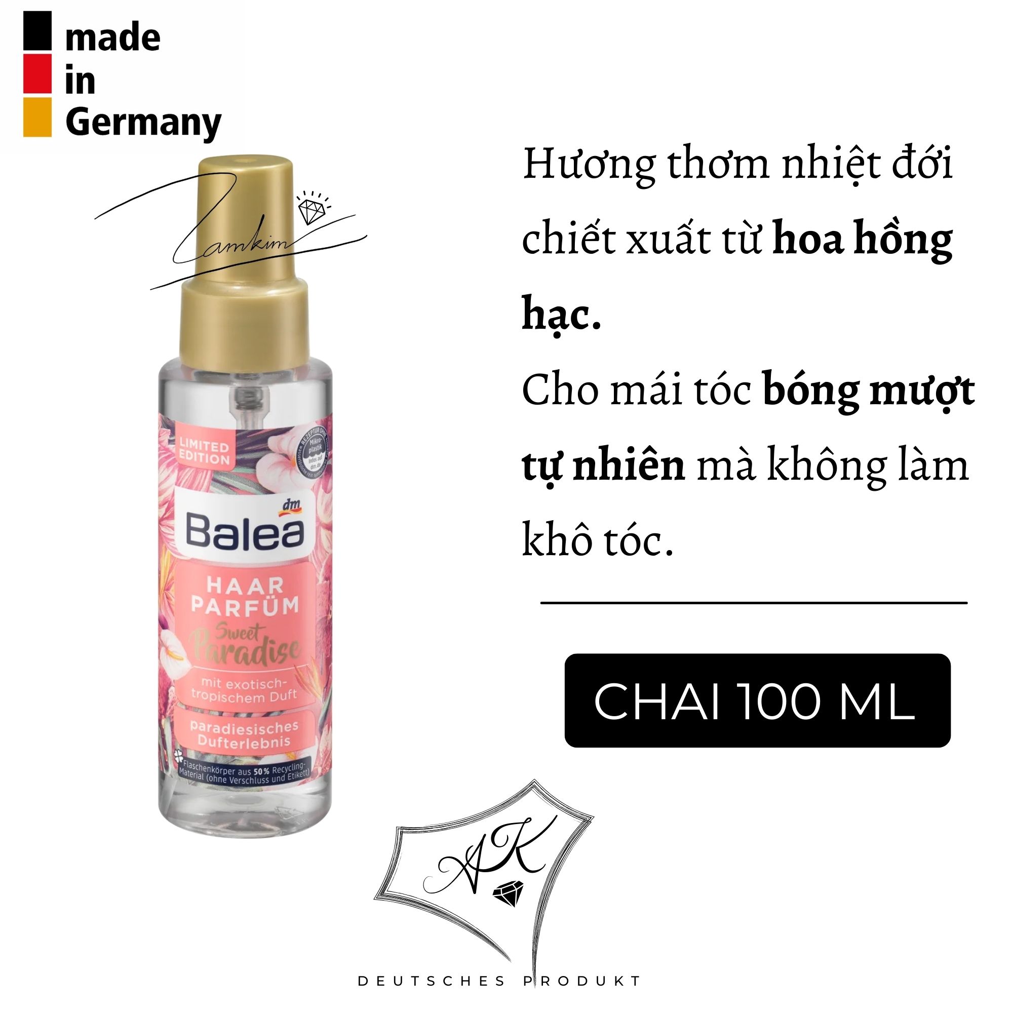 [ Hàng Đức ] Nước hoa xịt tóc, khử mùi, dưỡng ẩm Balea - 100ml