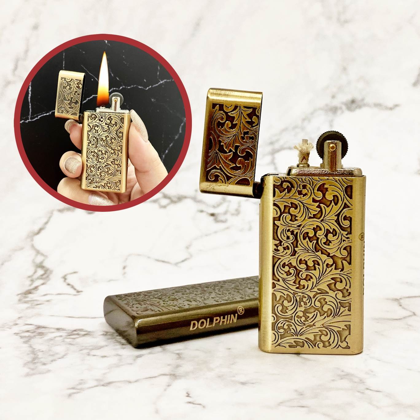 bật lửa đô phin đá cổ 1 bánh xe hình hoa văn xài xăng