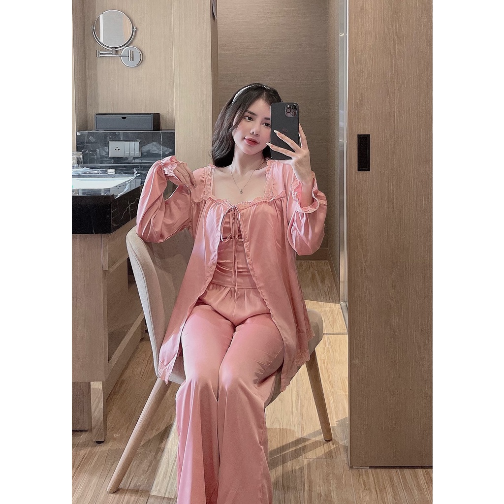 Set Pijama Tiểu Thư Cao Cấp Combo 3 Món Lụa Latin - Đồ Ngủ Nữ Đồ Bộ Freesize