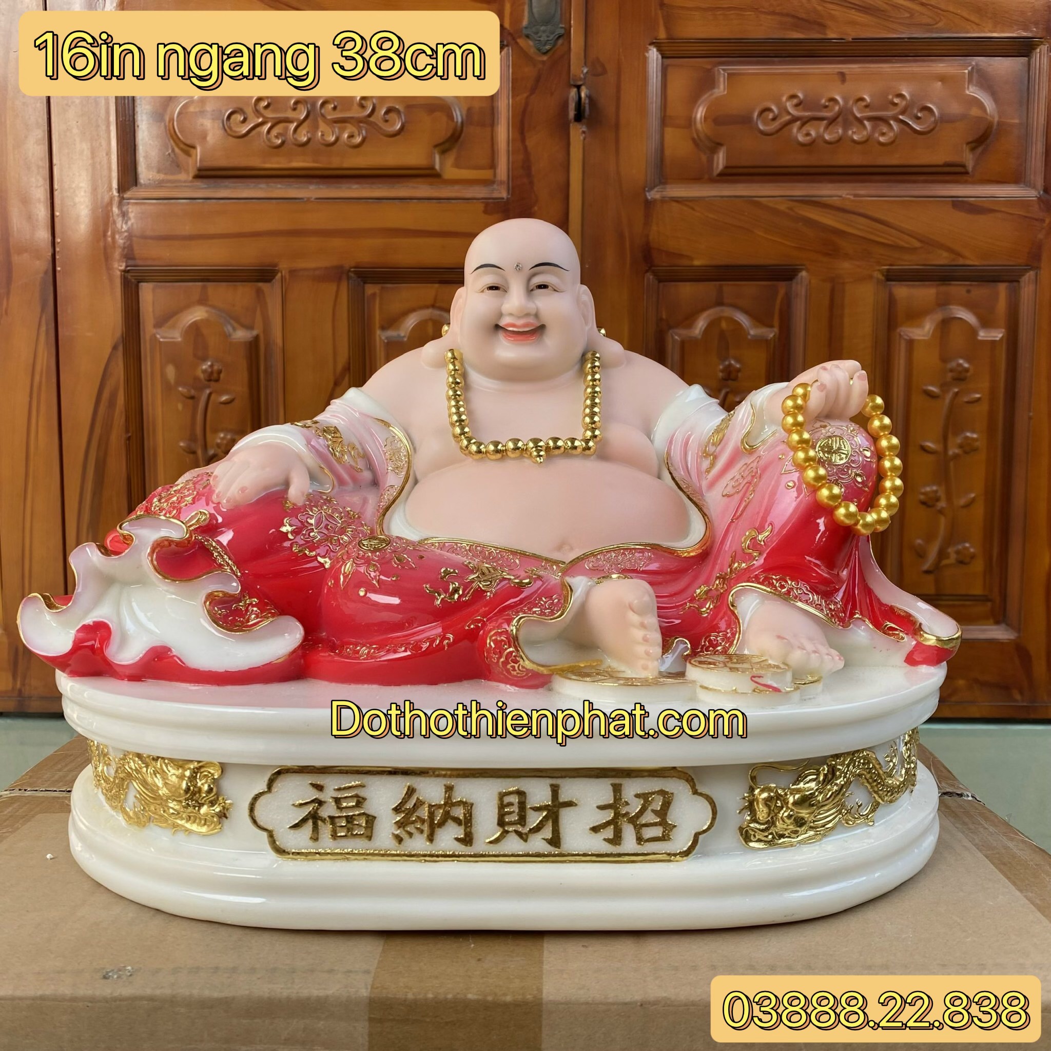 Tượng phật di lặc đá 16in ngang 38 cm màu đỏ