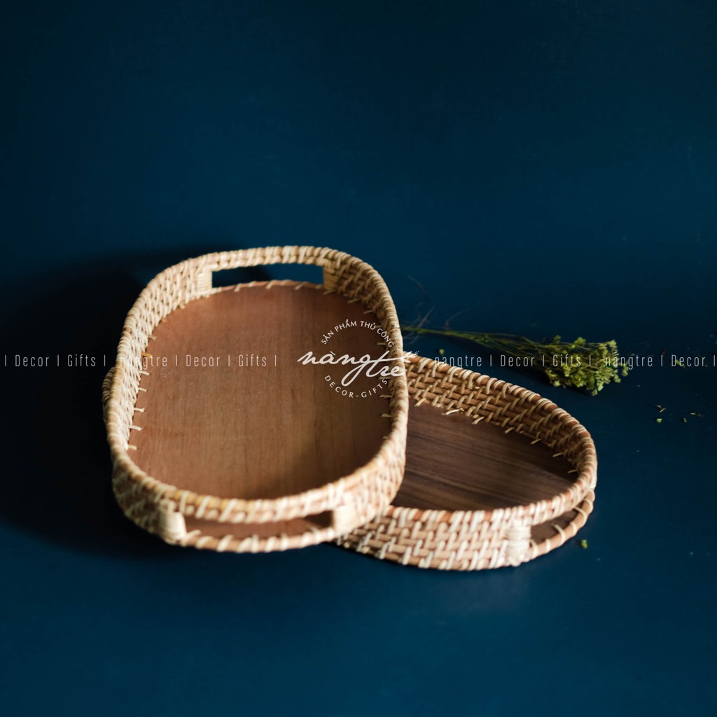 [HCM]Khay mây oval - Khay oval đế gỗ óc chó - Oval rattan tray