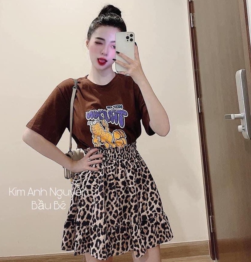 Set áo phông in hình chân váy da báo , áo thun cotton mix chân váy xoè siêu xinh AD92