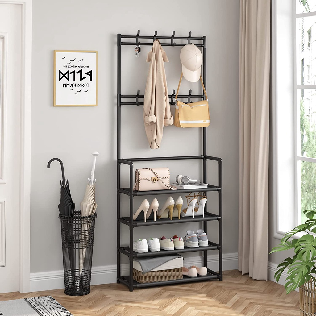 Giá Để Giày Dép, Kệ Treo Đồ Đa Năng 4 Tầng Thông Minh, Chất Liệu Thép Chịu Lực Có Móc Treo Quần Áo