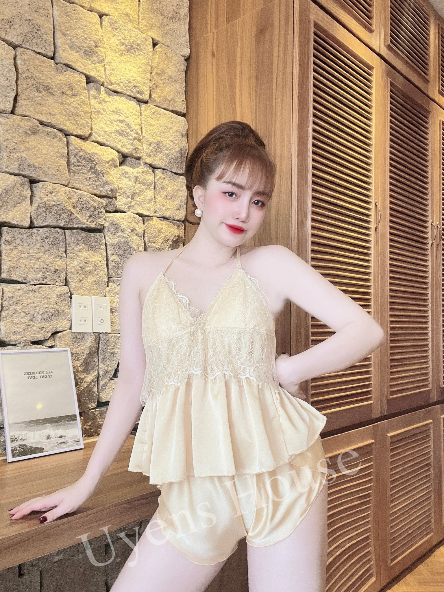 [SIZE 40-65KG] Set yếm ngủ có mút ngực chất satin mềm mịn
