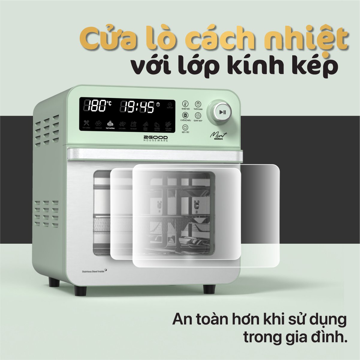 Nồi chiên không dầu 2GOOD vortex S19 (14,5 lít), lõi Inox 304ba bóng chống gỉ đa chức năng 2GOOD S19 - HAPOS