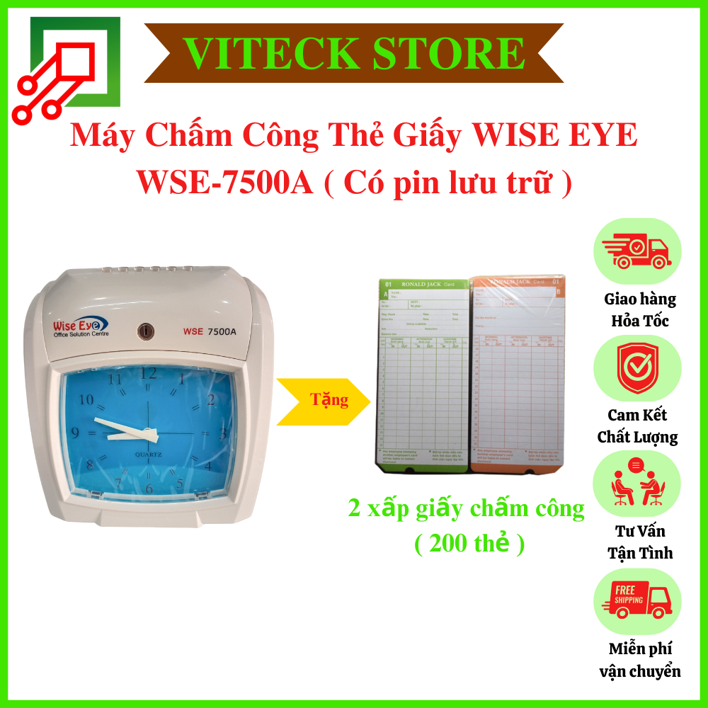 Máy Chấm Công Thẻ Giấy WISE EYE WSE-7500A (Có pin sạc dự phòng) - Tặng 2 xấp Giấy Chấm Công (1 xấp 100 thẻ )