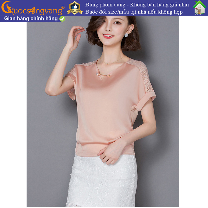 Áo lụa nữ gấu thun cổ v ngắn tay phối ren Queenbe GLA113