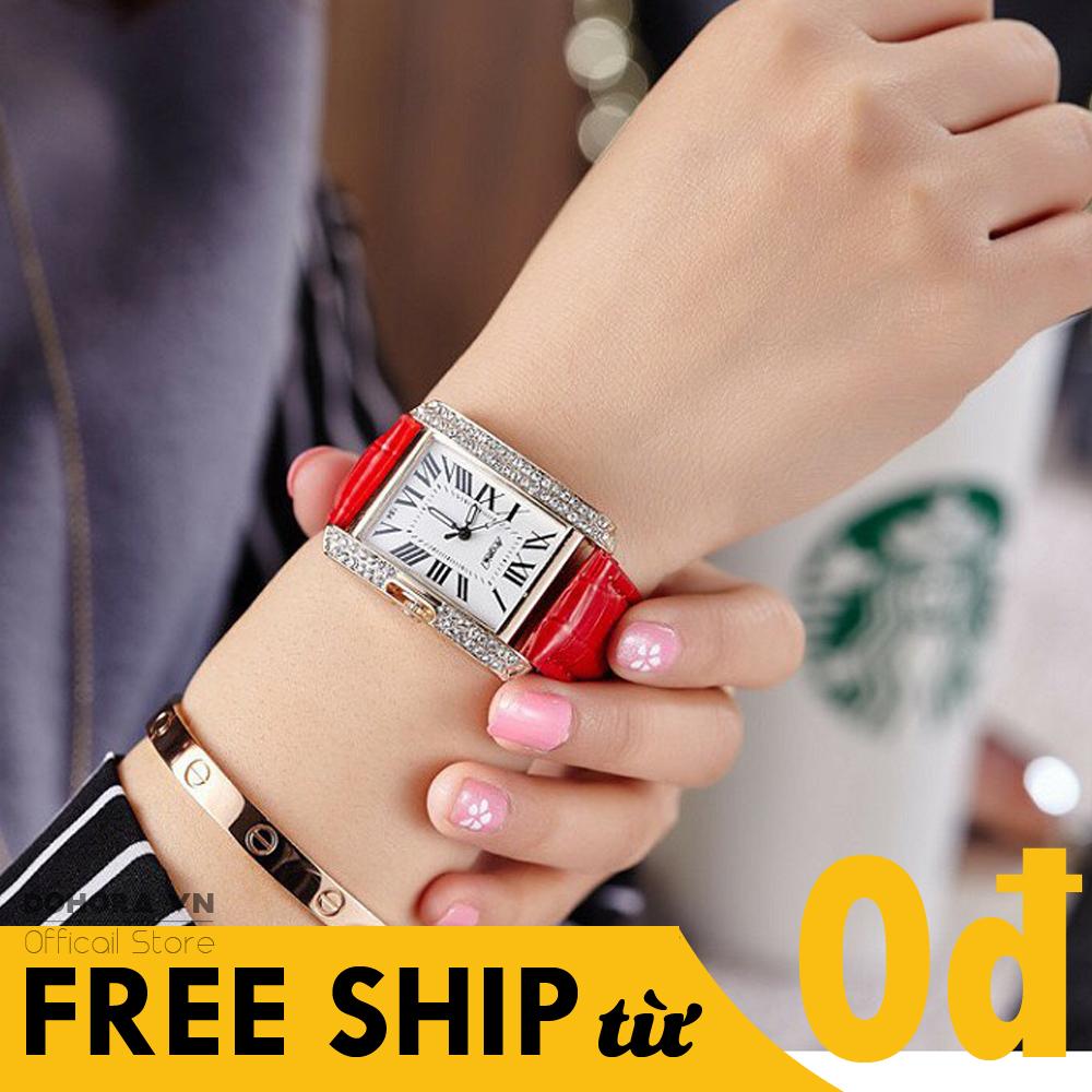 Đồng hồ nữ, Đồng hồ thời trang, Đồng hồ máy pin, Đồng hồ viền đính đá, Dây da cao cấp, Mặt vuông, Chữ số la mã, Nhiều màu, Cực đẹp D30