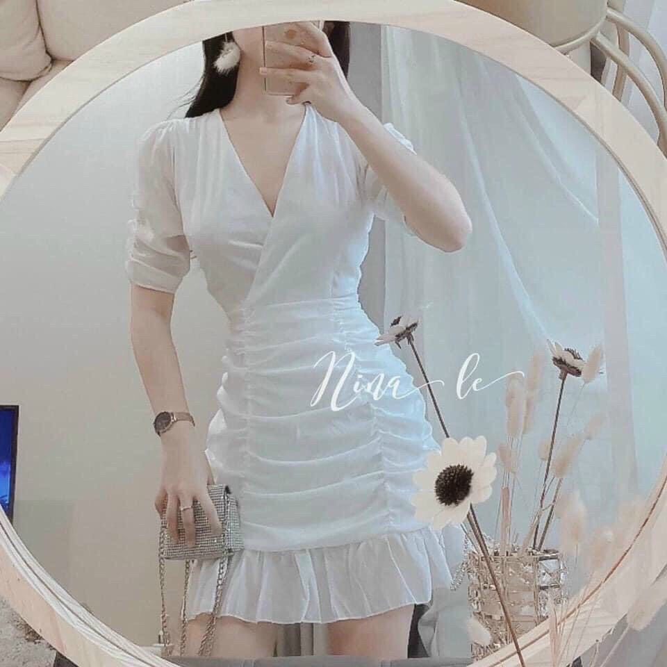 [HCM]Đầm kate ôm body cổ V  xinh sắn