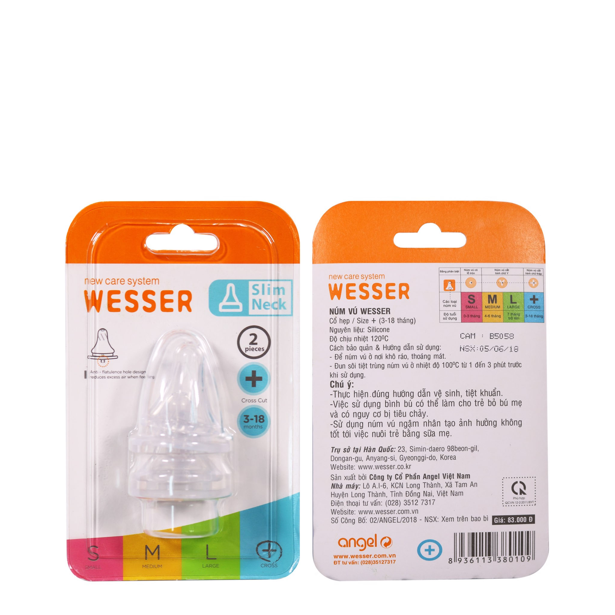Bộ Đôi Núm Vú Wesser Cổ Nhỏ Size (+) (Cho trẻ 3~18 tháng tuổi)