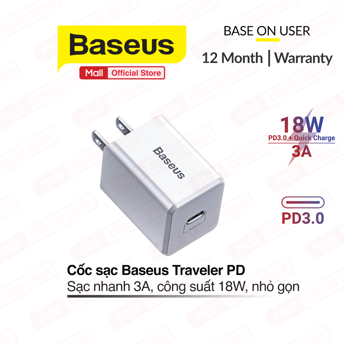 Cốc sạc du lịch Baseus Traveler PD Quick Charger PD3.0 Quick Charge (PD3.0, 18W, 3A), chân sạc gập gọn, cốc sạc Type C